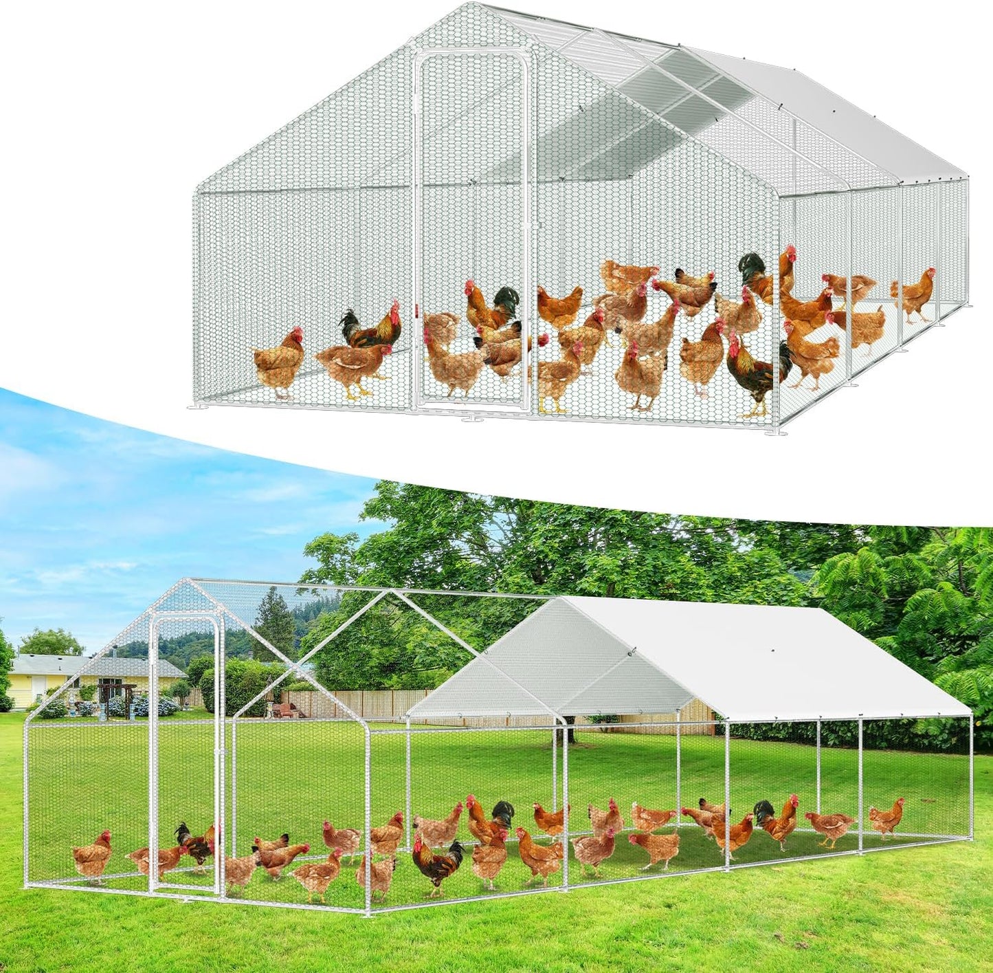 Kippenhok – Dierenren – Buitenhok – Volière – Hennenren – XXL 3x8x2 m – Veiligheidsslot & Waterdichte PE Overkapping