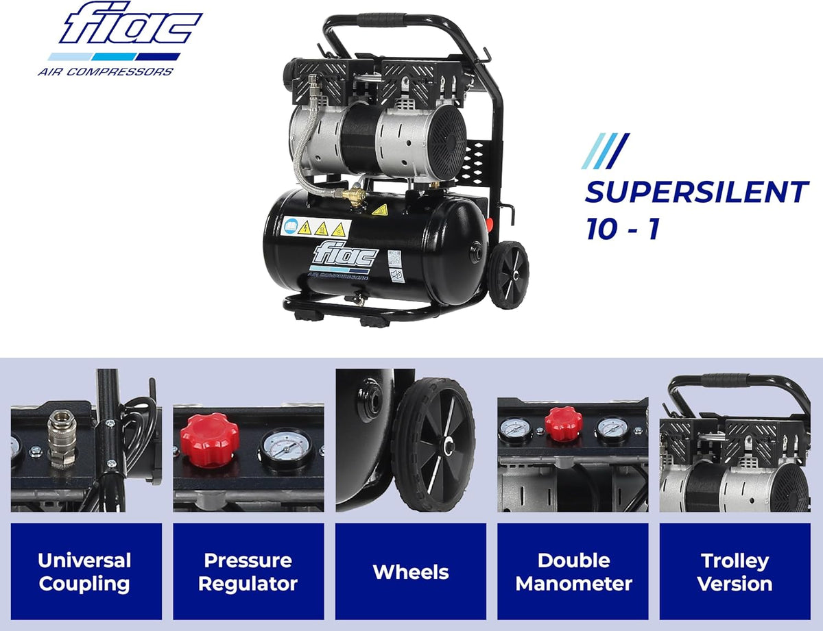 FIAC Draagbare luchtcompressor Supersilent 10, olievrij, maximale druk 8 bar, 1 pk, tank 10 liter, geluidsniveau 58 dB LpA