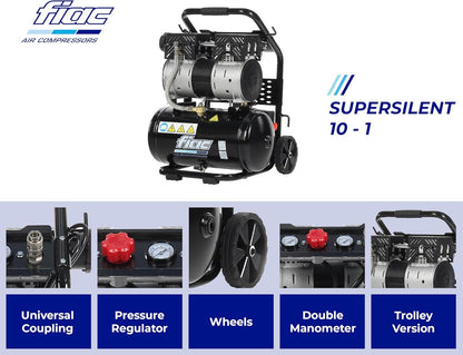 FIAC Draagbare luchtcompressor Supersilent 10, olievrij, maximale druk 8 bar, 1 pk, tank 10 liter, geluidsniveau 58 dB LpA