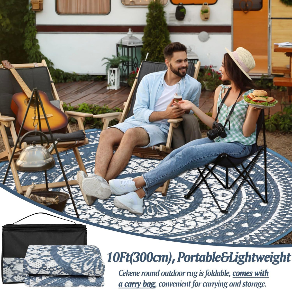 Cekene Extra Grote Outdoor Tapijt Ronde 300Cm Blauw Waterdicht Omkeerbaar Tuin Tapijt Plastic Gemakkelijk Schoon Gebied Vloermat Voor Buiten Patio Tuin RV Trailer Achtertuin Dek Picknick