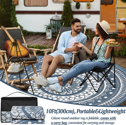 Cekene Extra Grote Outdoor Tapijt Ronde 300Cm Blauw Waterdicht Omkeerbaar Tuin Tapijt Plastic Gemakkelijk Schoon Gebied Vloermat Voor Buiten Patio Tuin RV Trailer Achtertuin Dek Picknick