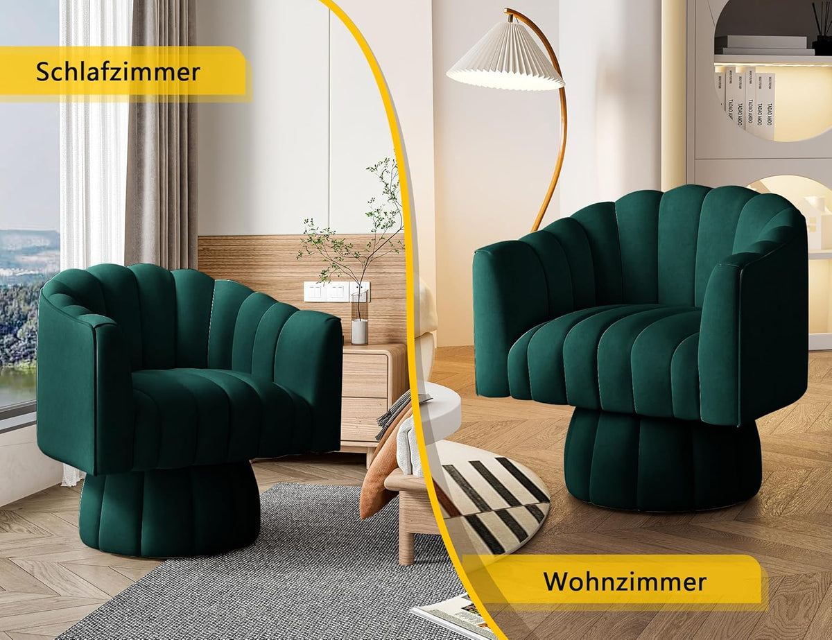 Mid Century 360 graden draaibare knuffeltonne-accentstoel, ronde stoel met breed gestoffeerde, pluizige fluwelen stoel voor woonkamer, slaapkamer, kantoor, wachtkamer (groen)