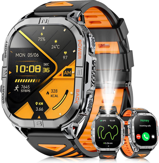 Militair smartwatch voor heren, robuust GPS-horloge met LED-zaklampkompas, 2,15 inch AMOLED slimme horloges (oproepen beantwoorden/bellen), 3ATM waterdichte fitnesstracker met hartslag/slaap voor