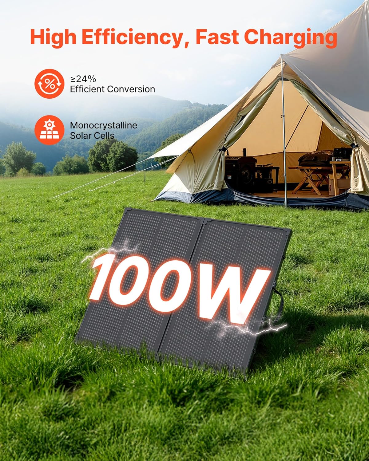VEVOR Opvouwbaar zonnepaneel 100 W met frame, draagbaar monokristallijn fotovoltaïsch paneel type N met 16 BB, zonne-oplader IP67 waterdicht met PWM-controller 30 A MC4-uitgang