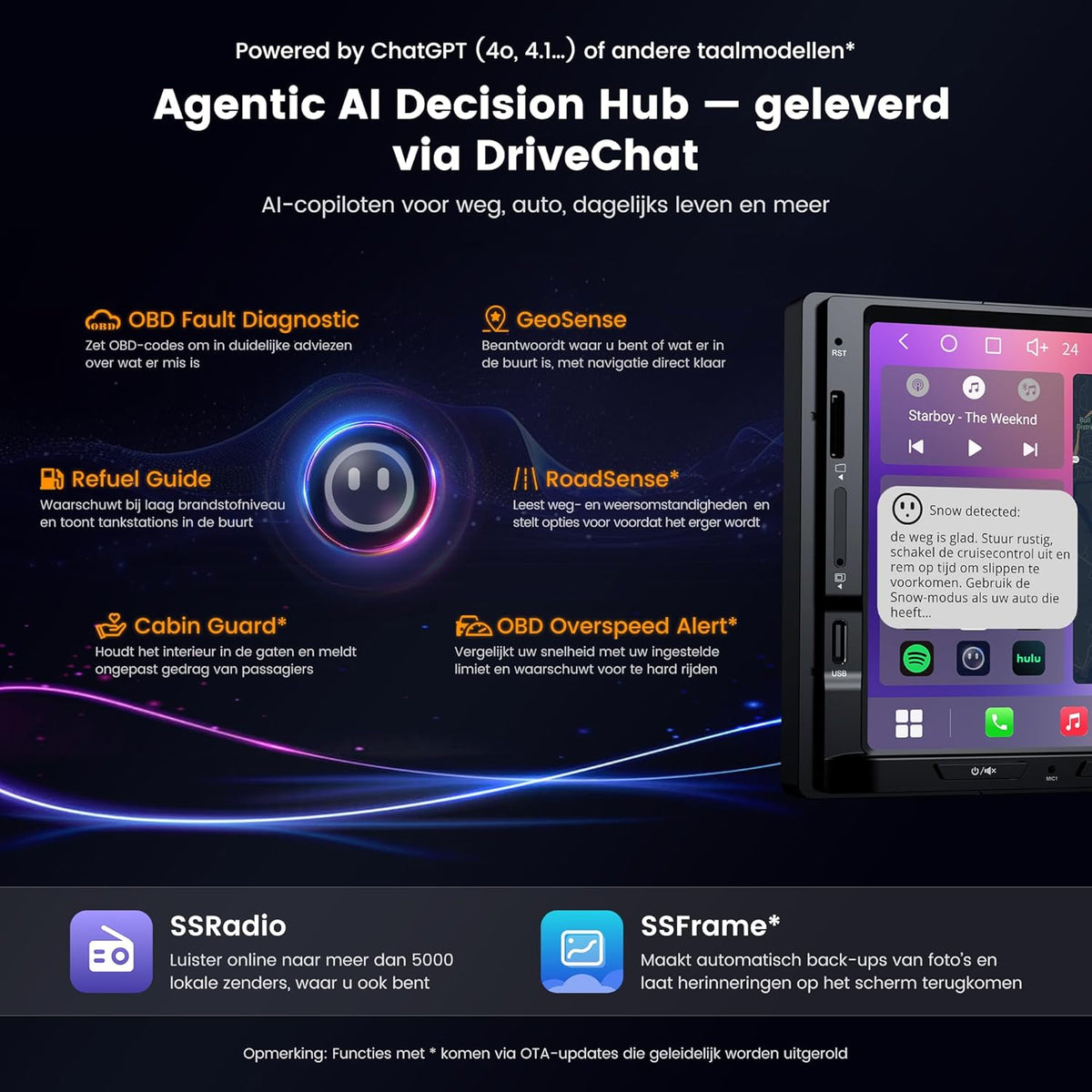 ATOTOZONE Android 2 DIN Autoradio met 7" Touchscreen Ambient Lighting, DriveChat AI Rijassistent, Noodbotsing Alert, Parkeerbewaking, GPS Tracking en Hi-Fi DSP 4V Pre-Out