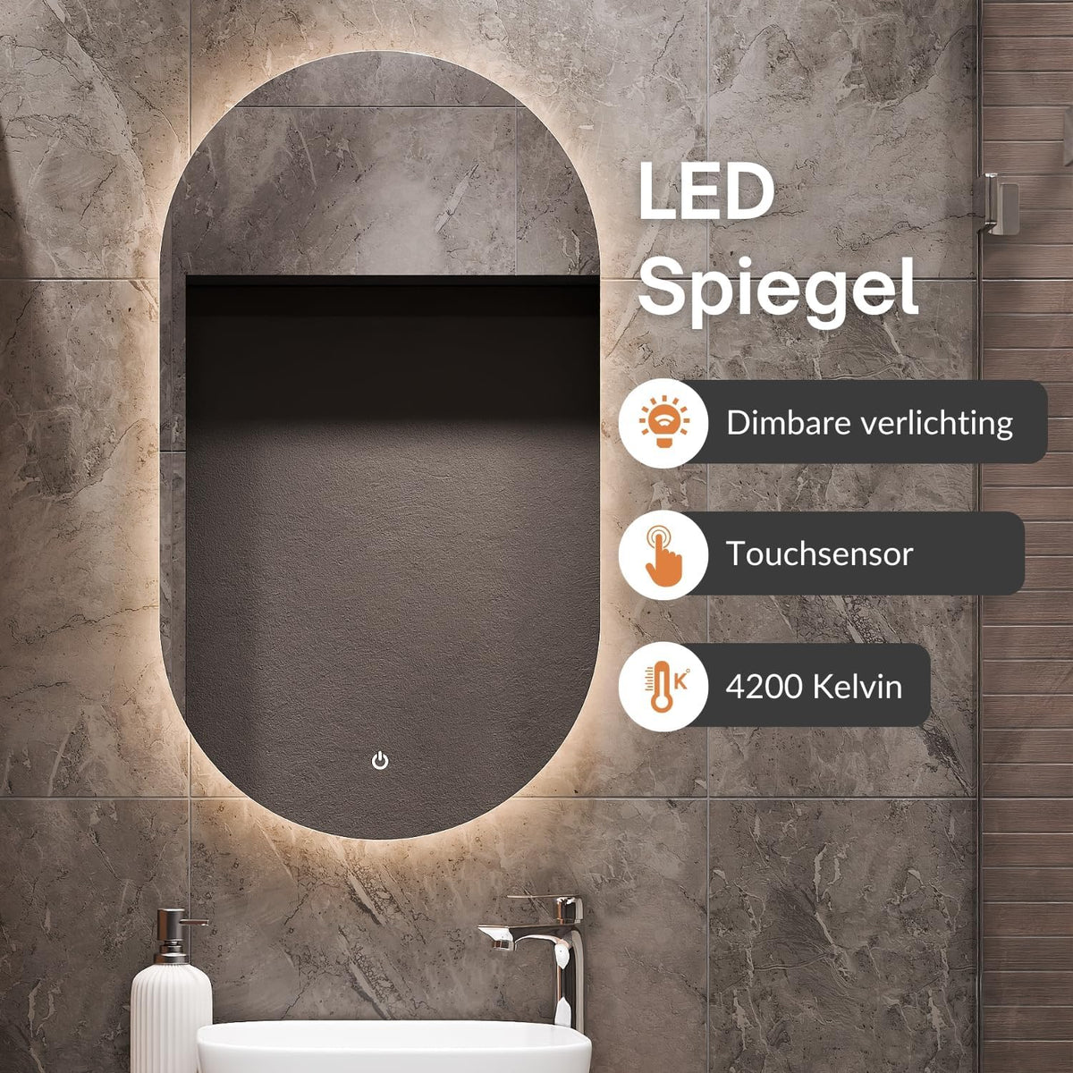 Planetmöbel Astra Bathroom Cabinet Set with Basin Cabinet 60 cm, Gold Oak Anthracite, Sink with Top Edge 42 cm White, Mirror (with LED) 50 cm - QUORE