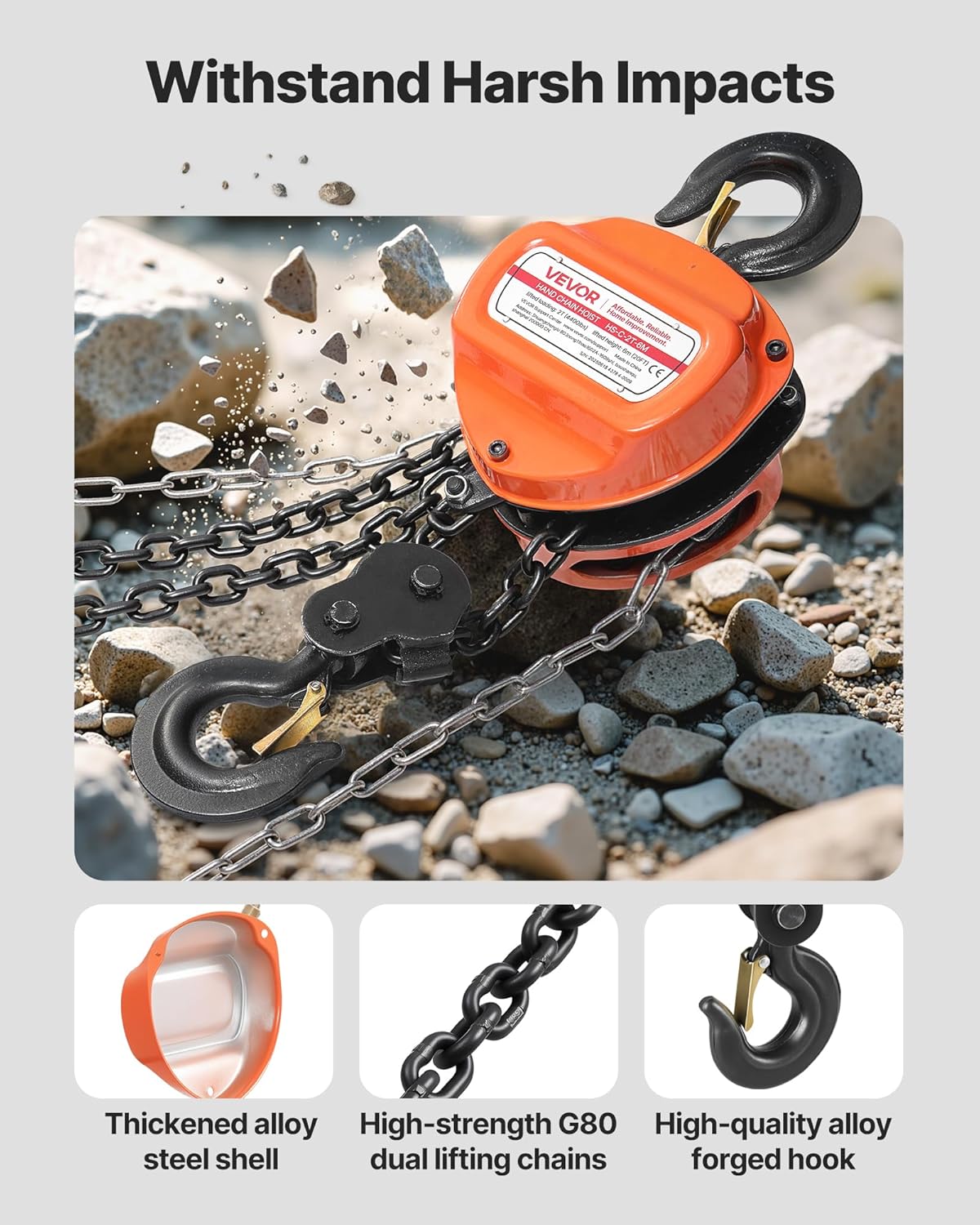 VEVOR Trekkoord met 2 T draagvermogen, handketting, 6 m hefhoogte, hoes met G80-ketting, krachtige takel, handmatige takel voor garages, magazijnen, automobielmachines, oranje