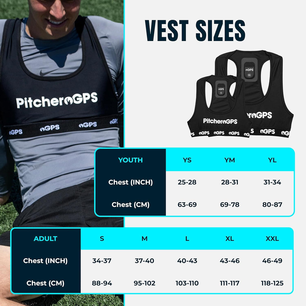 PitcheroGPS Fitness Tracking-pakket, GPS-sporttracker-vest en 12 maanden abonnement, voetbaltrainingsuitrusting (Adult Medium)