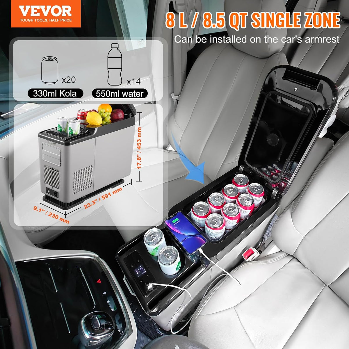 VEVOR Koelbox van 12 volt voor de armleuning van de auto, draagbare vriezer met een zone, 15 l, instelbaar bereik van -20 °C tot 20 °C, 12/24 V gelijkstroom en 100-240 V wisselstroom