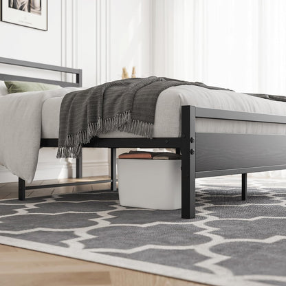HOJINLINERO 4ft6 dubbele bedframes met houten hoofdeinde, metalen platform bedframe, dubbele bedbodem, geen boxspring nodig, matrasstichting, industriële verbeterde stalen latten ondersteuning voor