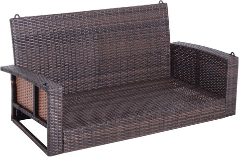 Hangstoel - Schommelbank - Hangbank - 2-zits - Rotan Tuinschommel - Hangende Schommel - Veranda Tuinbank - met Zitkussen - voor Buiten - Tuin - 127 x 57.5 x 60 cm - Bruin