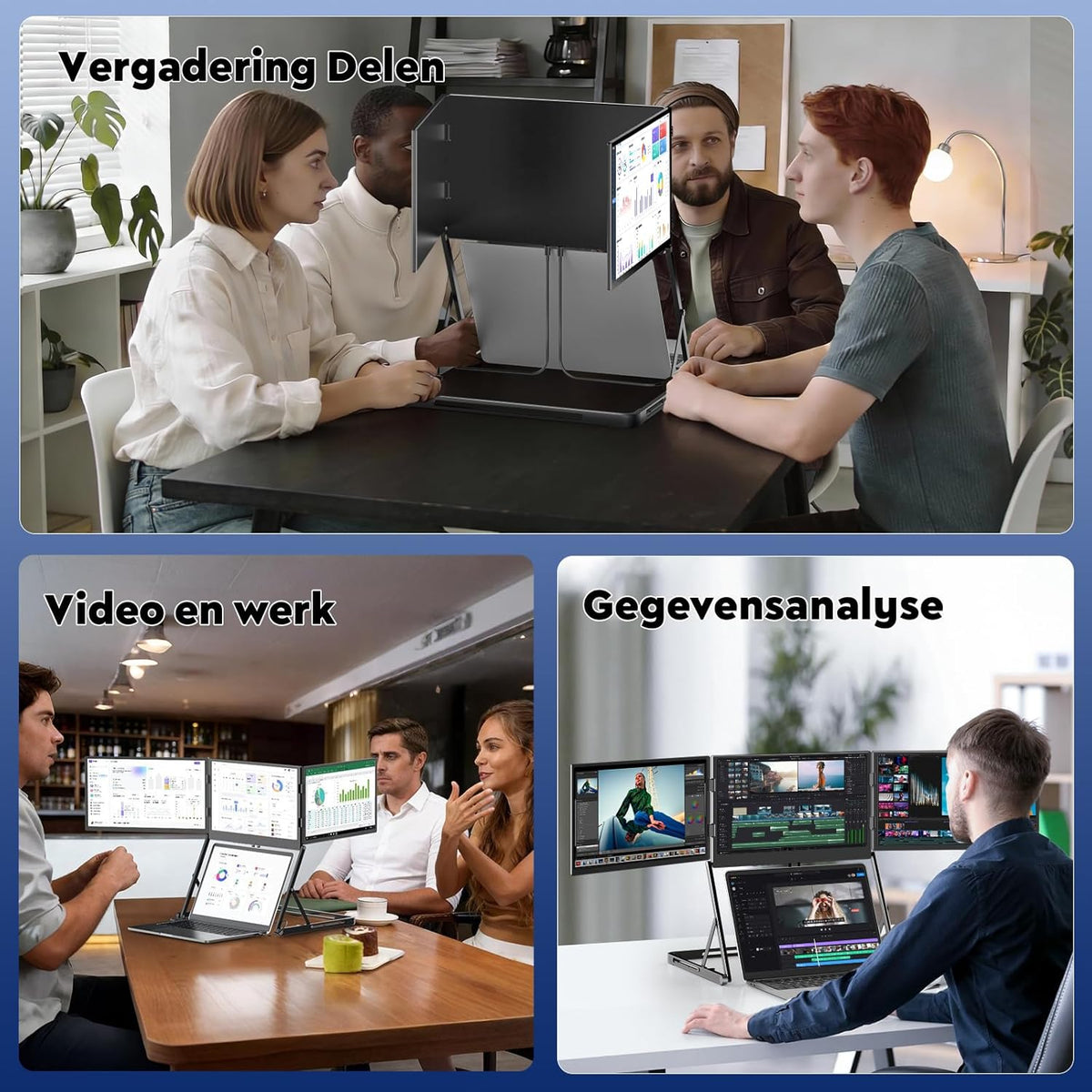 HONGO Portable Monitor 3 Screen, 15.6" Portable Monitor FHD IPS 100% sRGB, Triple Monitor Laptop Display Extender USB-C/HDMI with Adapter & Stand, 360° Foldable, Compatible with Mac/Windows/Linux - QUORE