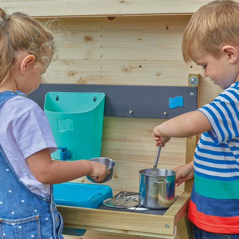 Modderkeuken - Buitenkeuken Kind - Speelkeuken Tuin - Keuken Speelset - met Waterpan - Tuin Gootsteen - Keuken Accessoires - voor Jongens - Meisjes 3 jaar en ouder - Hout - 31 x 55 x 56 cm - Houten/Blauw
