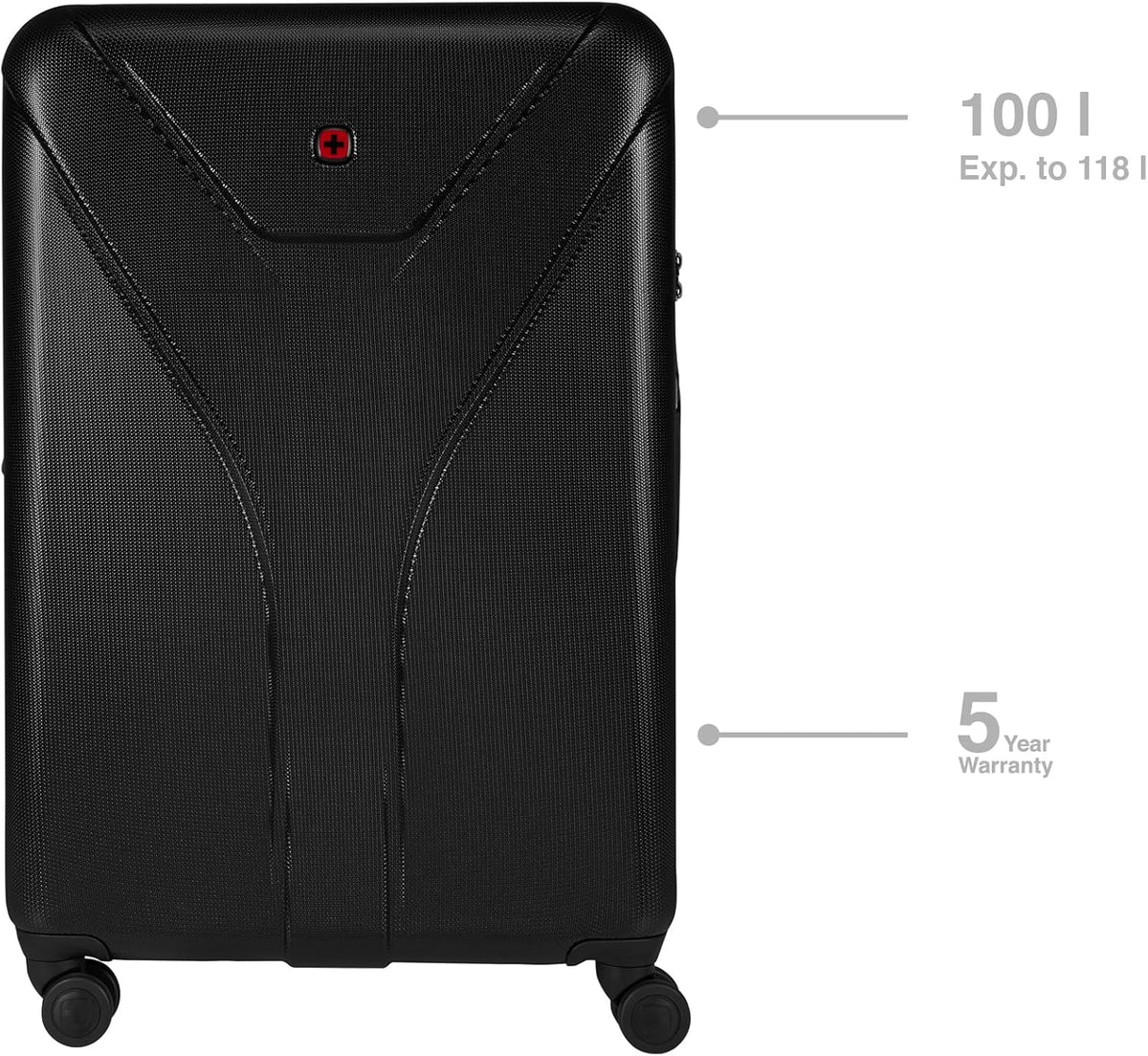 WENGER Ibex grote koffer met harde schaal en 4 wielen, trolley, groot, 100 (118) liter, veiligheidsslot, dames, heren, vakantie, zwart, 612041