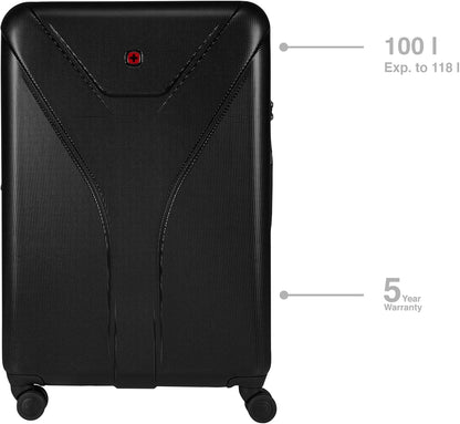 WENGER Ibex grote koffer met harde schaal en 4 wielen, trolley, groot, 100 (118) liter, veiligheidsslot, dames, heren, vakantie, zwart, 612041