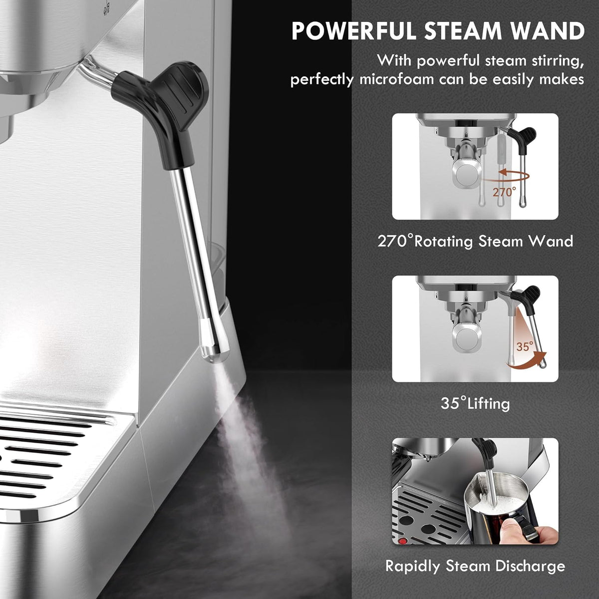 KitchenBoss Espresso Machine with Steamer: 15 Bar Professional Compact Barista Espresso Machines with Milk Frother Steam Wand, Automatische Snelle Verwarming Cappuccino Machine Latte Koffiezetapparaat