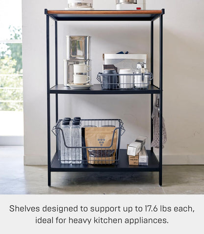 Yamazaki 3598 TOWER 3~Tiered Storage Rack, black, Steel/Wood, 60 x 46.5 x 90 cm