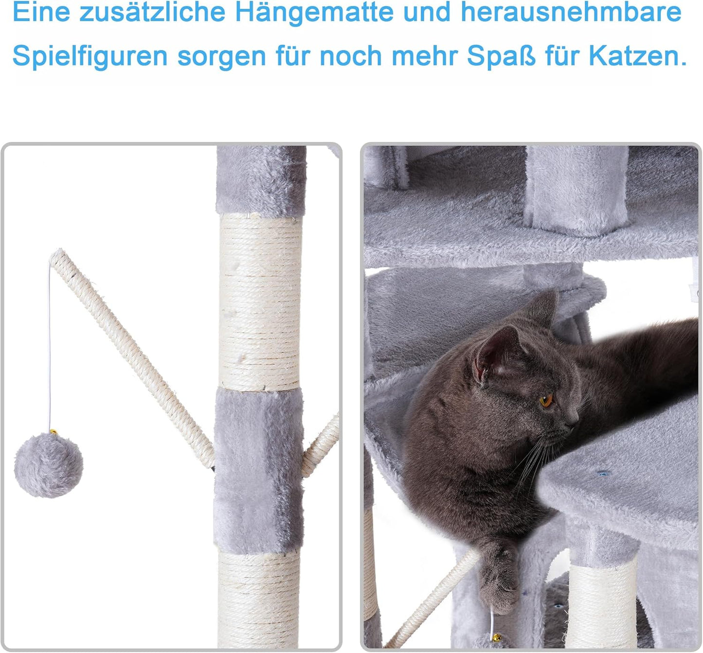 Krabpaal XXL voor Grote Katten – Kattentoren – Kattenboom – Kattenmeubel – Klimboom – Lichtgrijs – 180 cm Hoog – Met Groot Krabvlak en Sisaltouw