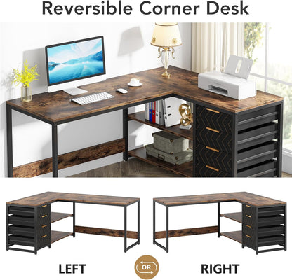 Tribesigns L-Shaped Computer Desk with Storage Drawers, 59 Inch Corner Desk with Shelves, Reversible L Shape Office Desk, Study Writing Desk, Home Office Workstation, Brown