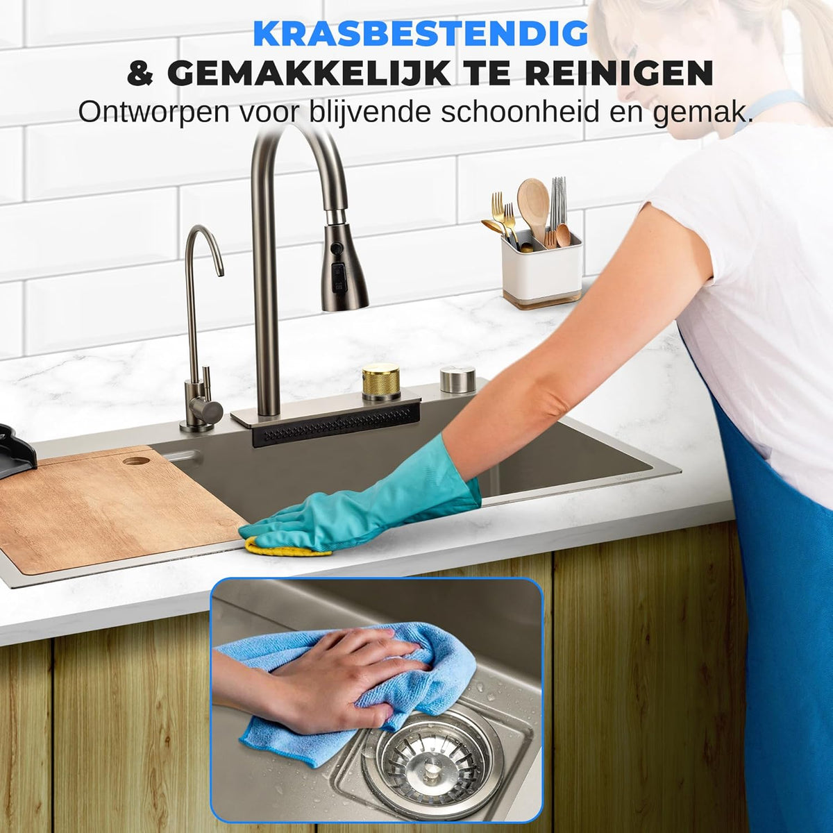 SereneLife Stainless Steel Kitchen Sink – Undermount & Surfaced, 13 Gauge, 76 x 46 x 23 cm, Includes Faucet, Stainless Steel Racket, Strainer Basket, Cutting Board & Cup Cleaner, Grey - QUORE