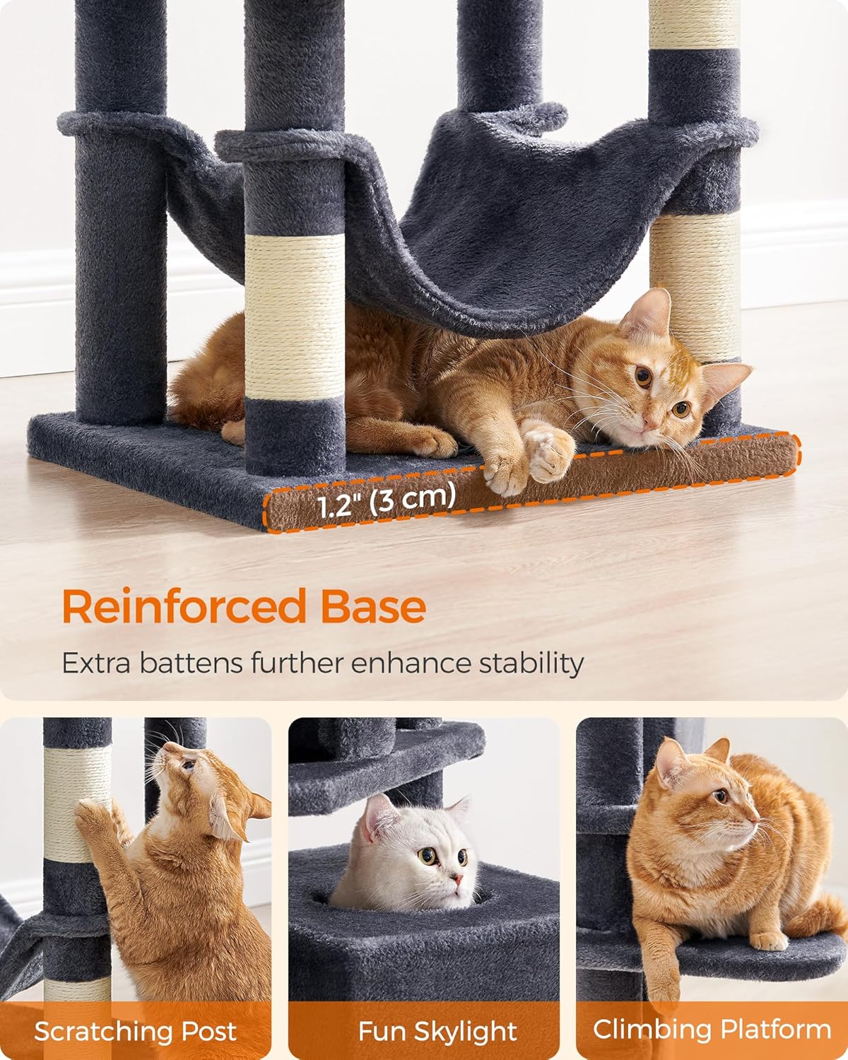 Krabpaal – Kattenboom – Klimpaal – Kattenmeubel – Krabmeubel – 155 cm Hoog – Met 5 Sisal Krabkolommen & 2 Knusse Kattenholletjes