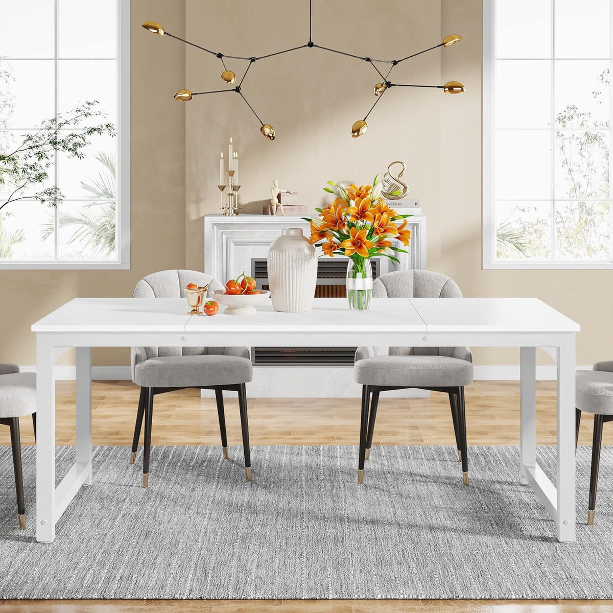 Tribesigns Dining Table, 180 x 80 cm, Industrial Kitchen Table for 6-8 People, Rectangular Dining Table for Dining Room, Kitchen, Living Room, with Robust Metal Legs (White)