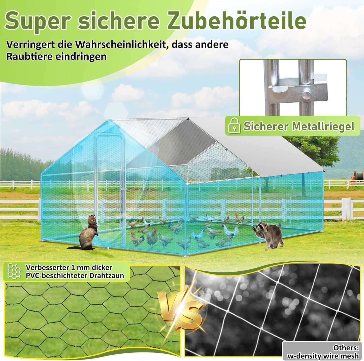 Kippenren – Kippenhok – Buitenren – Dierenren – Ren Voor Kleine Dieren – XXL 3x6x2 Meter – Thermisch Verzinkt Stalen Frame Met Slot