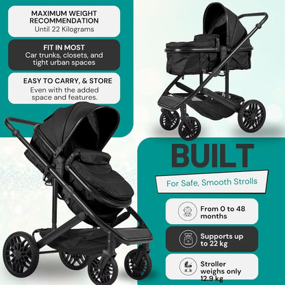 Lejoux™ Avant Reissysteem voor kinderwagen, grotere opvouwbare kinderwagen met reiswieg, 5-punts harnas, verstelbare zitting, extra grote mand en eenhandige vouwwagen, zwenkwielen en regenhoes (zwart)