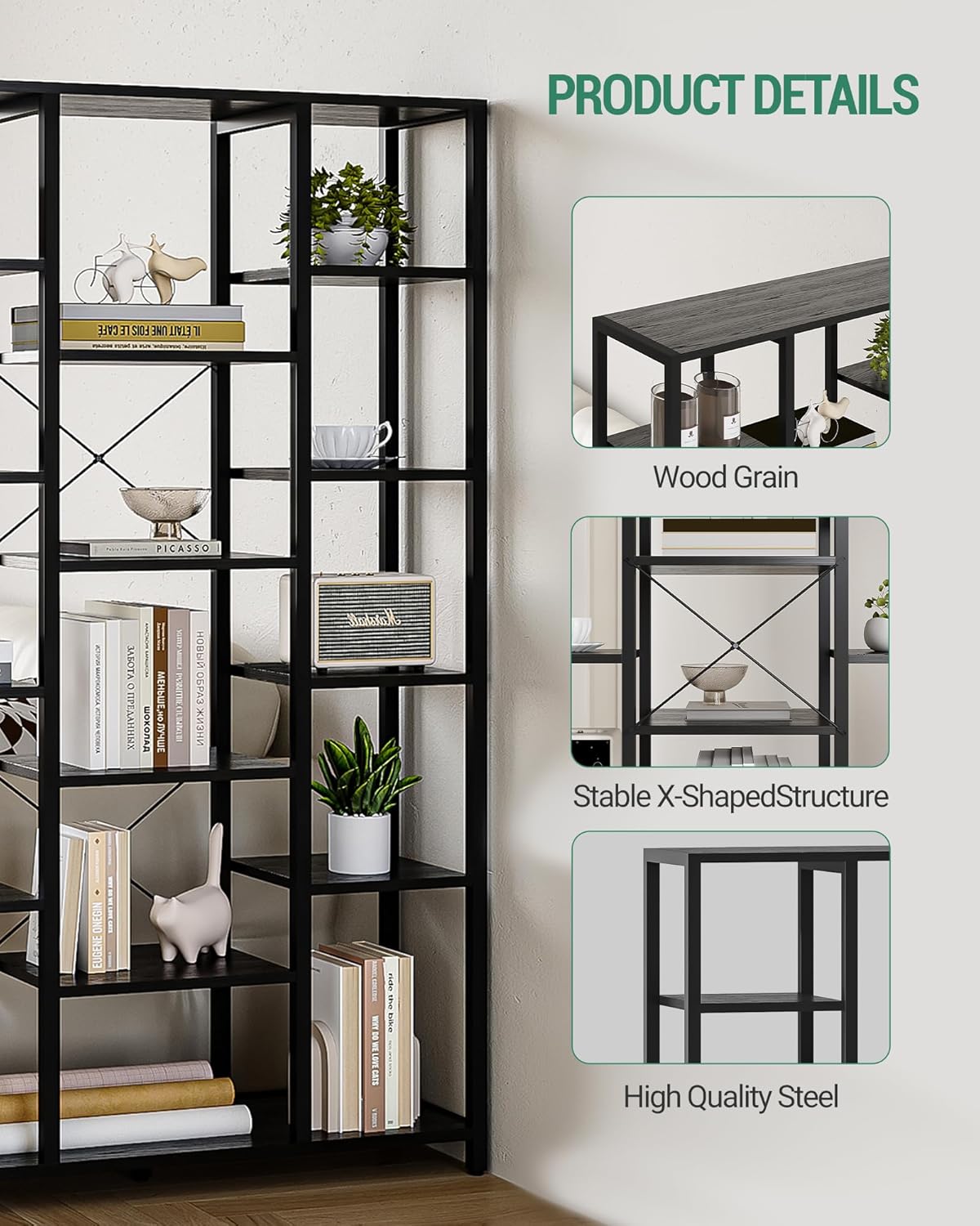 Hzuaneri Bookshelf, 6 Tier Bookcase with 15 Open Shelves, Adjustable Storage Cabinet for Living Room and Home Office, 30 x 100 x 170 cm, Black with Wood Grain BC15004B