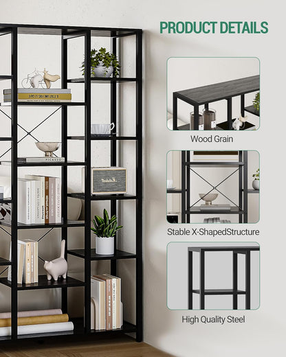 Hzuaneri Bookshelf, 6 Tier Bookcase with 15 Open Shelves, Adjustable Storage Cabinet for Living Room and Home Office, 30 x 100 x 170 cm, Black with Wood Grain BC15004B