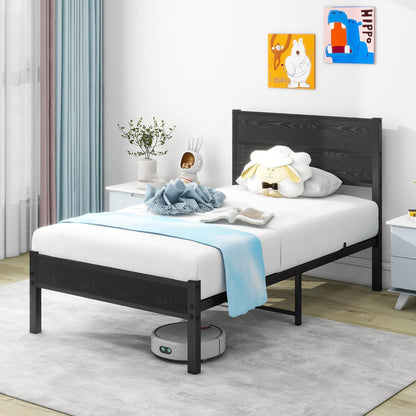 DUMEE Eenpersoonsbedframe met houten hoofdeinde en voetenplank, opbergruimte onder bed, zwart