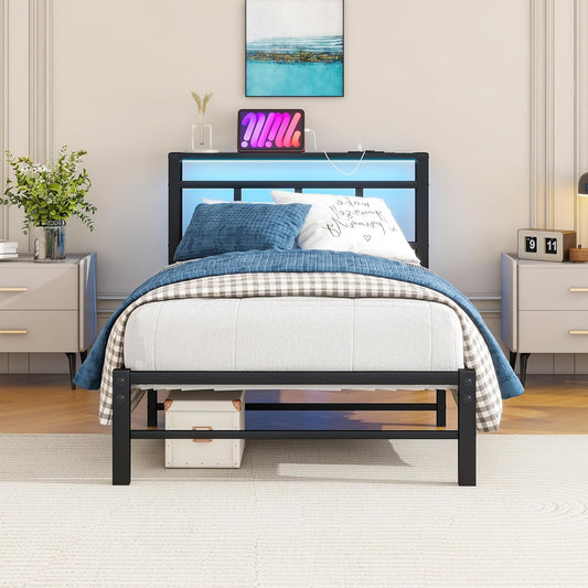 Bed 90 x 200 cm met lattenbodem van metaal, bedframe, 90 x 200 cm, met ledverlichting, metalen bed met stopcontact en 2 USB-oplaadfuncties, metalen bed met houten hoofdeinde, opbergruimte, bedframe