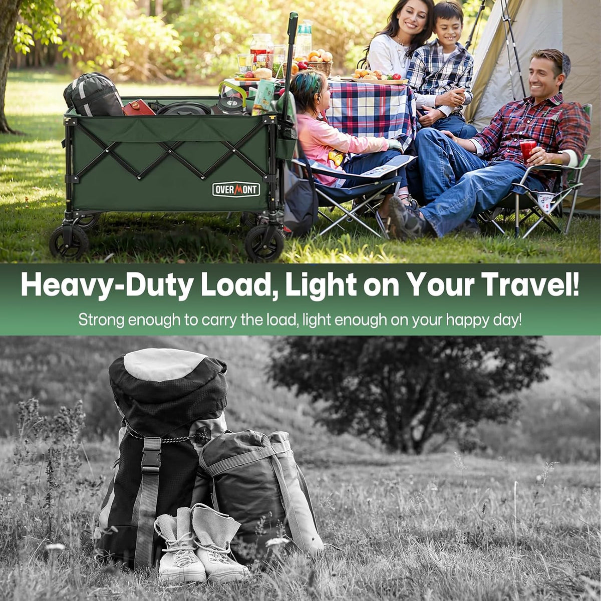 Overmont Opvouwbare bolderkar, inklapbare handwagen, met brede wielen, tot 150 kg draagkracht, voor camping, sport, winkelen, tuin, groen