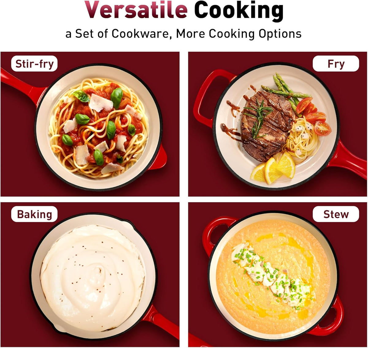 Kitchen Academy, Cast Iron Pan, 7-Piece Set with Dutch Ovens, Enameled Cast Iron Cookware, Sauce Pan, Pan, 3 Lids, Dutch Oven Set, Pans and Pan Set, Non-Stick Coating, Red - QUORE