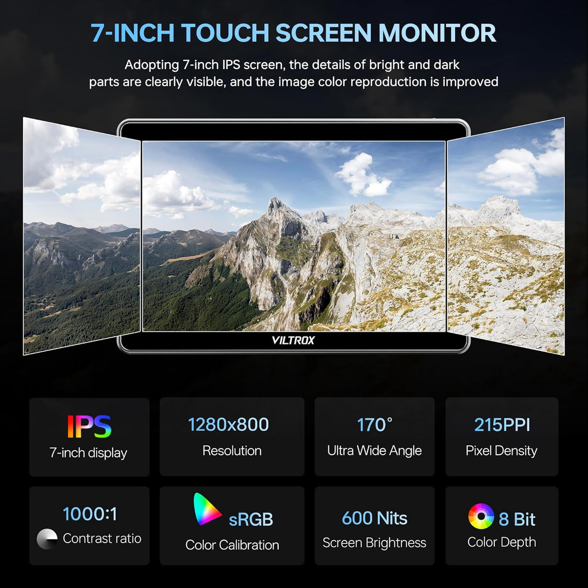VILTROX DC-L2 7" SDI-camera monitor, 1280x800 IPS HD-touchscreen cameraveldmonitor met 4K HDMI en SDI-in/-uitgang, 600 nits, 3D LUT, focuspeaking, video-assistentie, volledige golfvorm, F550-batterij