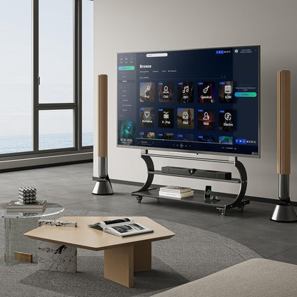 Tv-standaard, oprolbaar, voor 50-100 inch platte en gebogen tv's tot 100 kg, tv-standaard, in hoogte verstelbaar, met 2-traps plank, MAX VESA 900 x 600 mm (zwart)