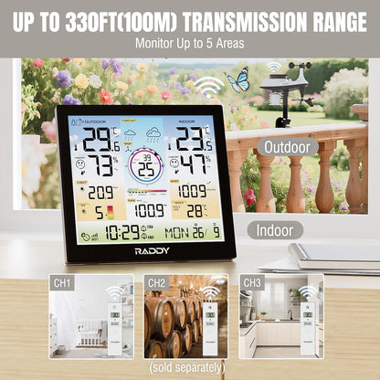 Raddy WF-120C Professioneel draadloos WiFi-weerstation, temperatuur- en vochtigheidsmeter voor binnen en buiten met 7-in-1 buitensensor, regenmeter, windsnelheid, weersvoorspelling, UV- en lichtindex