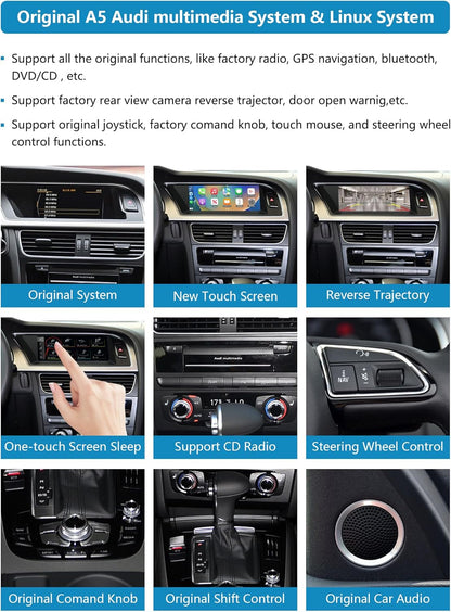 Ninetom Autoradio 8,9 inch touchscreen met draadloze Carplay en Android auto voor 2008-2016 Audi A5 S5 met 3G MMI+ systeem, ondersteunt mirrorlink, camera, navigatie