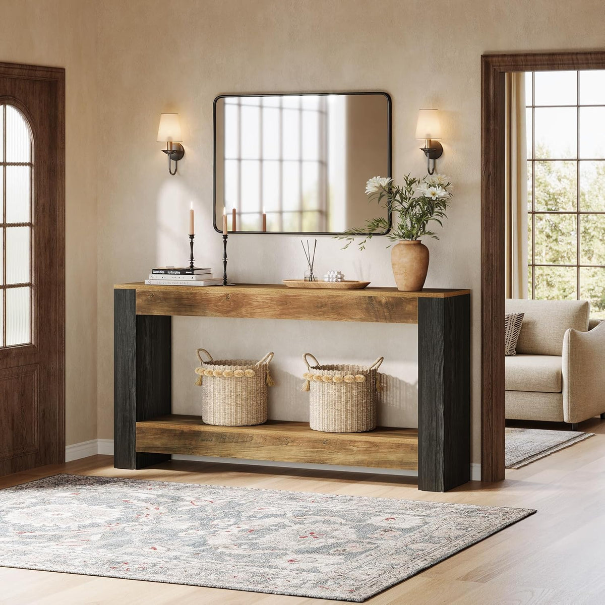 Tribesigns Console Table 160 cm Long for Entrance, Bench Behind the Sofa for Living Room, Hallway, Entrance, Foyer Rustic, Brown and Black