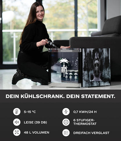 °CUBES Afri Cola Mini Drankkoelkast 48L (zwart) — Compacte flessenkoelkast met glazen deur en verwisselbaar deurscharnier — Stil en energiezuinig — Voor bar, keuken, thuiskantoor — drankkoeler
