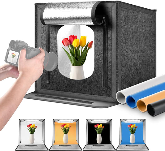 NEEWER Lichtbak voor fotostudio, 50 W, 50 W, 50 W, 50 cm x 50 cm, opvouwbaar, draagbaar, 4 achtergronden, 5600 K, 192 leds, 5310 lx/0,5 m, dimbare tent voor elektronische sieraden, LP50