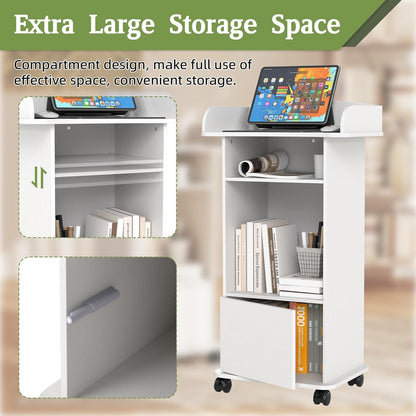 Houten Podium Witte Lessenaar met Opslag Plank Podium Stand met Kast Mobiele Lessenaar Stand met Wielen Preekstoel Stand