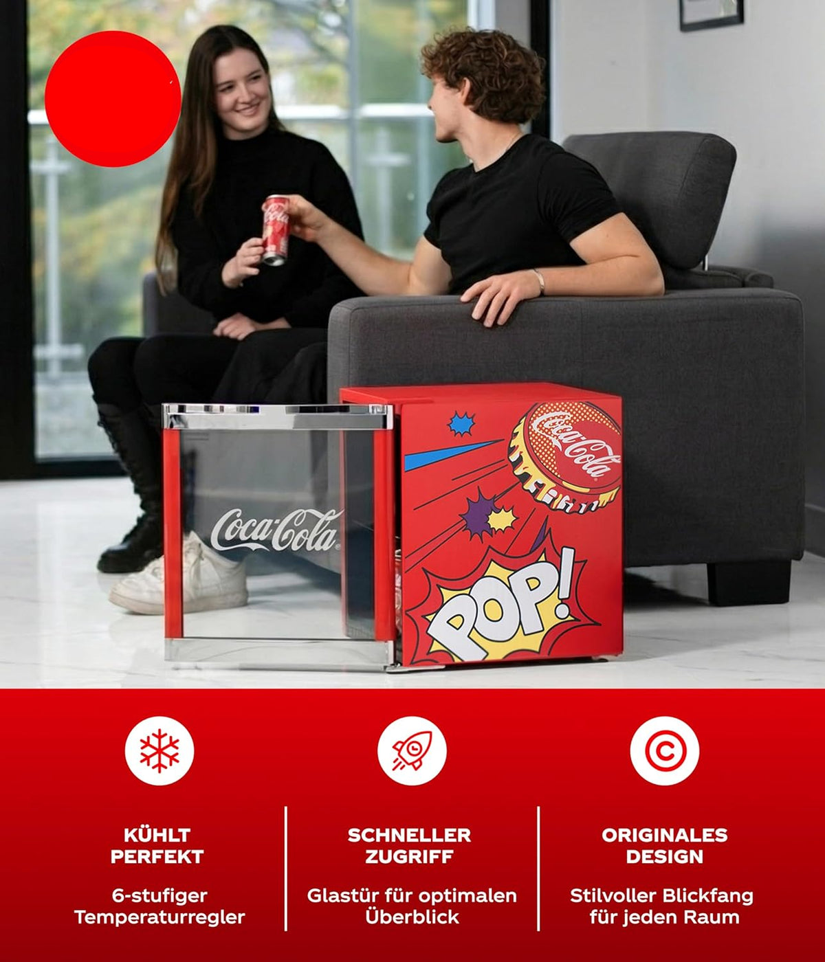 °CUBES Originele Coca-Cola PopArt mini-koelkast, rood, 48 liter, drankkoelkast met glazen deur, stil en energiezuinig, perfect voor kantoor, feestjes en gaming, coole flessenkoelkast, voor dranken
