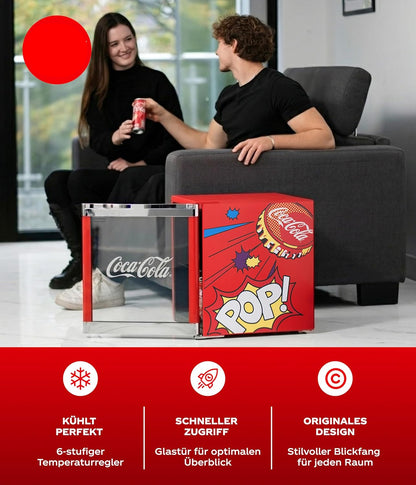 °CUBES Originele Coca-Cola PopArt mini-koelkast, rood, 48 liter, drankkoelkast met glazen deur, stil en energiezuinig, perfect voor kantoor, feestjes en gaming, coole flessenkoelkast, voor dranken