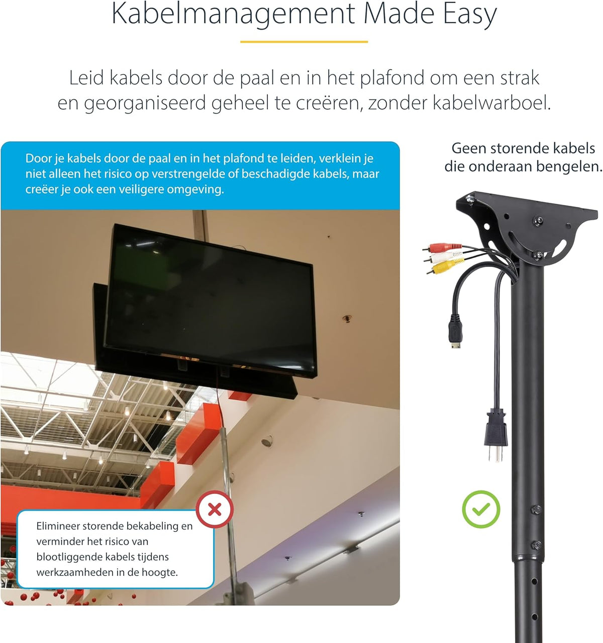 Dubbele plafondbeugel – Plafondbeugel, plafond tv beugel, tv ophangbeugel, dubbele tv beugel – Voor 2 schermen van 32 tot 75 inch – Verstelbare telescopische arm 1 tot 1,5 m, 360° draaibaar en geschikt voor schuine plafonds