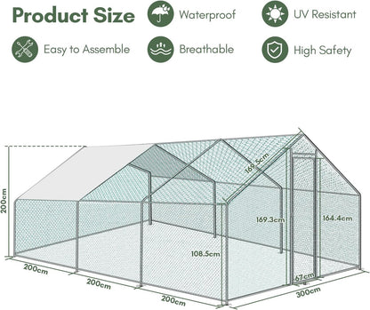 3 x 6 x 2 m, chicken coop, free running with lock and door, metal animal enclosure, 18 m², chicken house, outdoor run for chicken cage and small animals