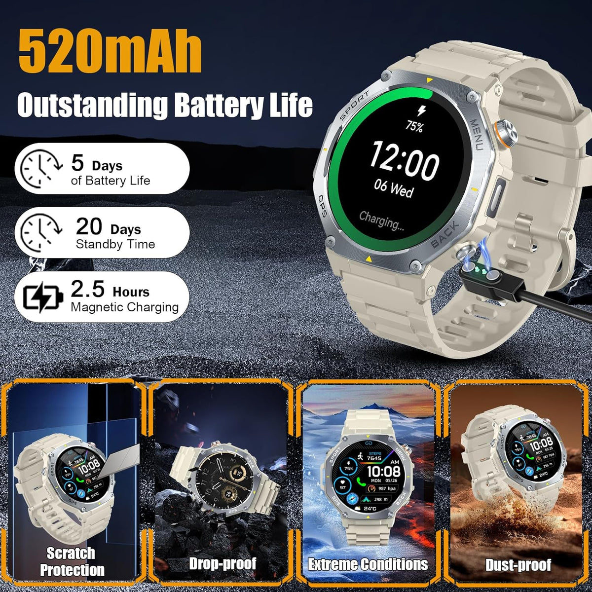 Jugeman Smartwatch voor dames en heren, met bluetooth-oproepen, fitnesstracker met stappenteller, IP68 waterdicht horloge