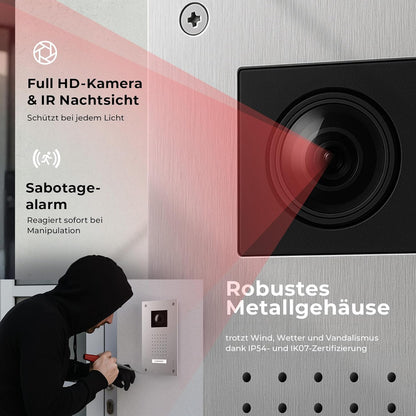 Entri Video deurintercomsysteem, inbouwdeurbel met camera, smartphone-app, 1 familiehuis, videodeurbel, 2 x 7 inch HD-monitor, Full HD-camera, intercom met deuropener en bel, 2 draden