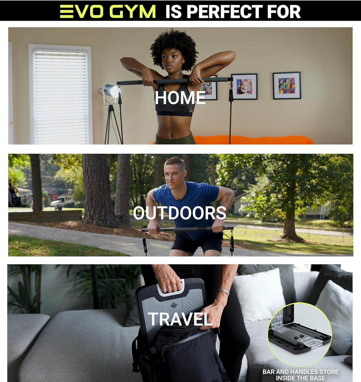 EVO Gym - Portable Strength Training Equipment for Home Gym, Home Fitness Equipment | All in One Gym - Resistance Bands, Fitness Bar Base & Travel Handles | Portable - QUORE
