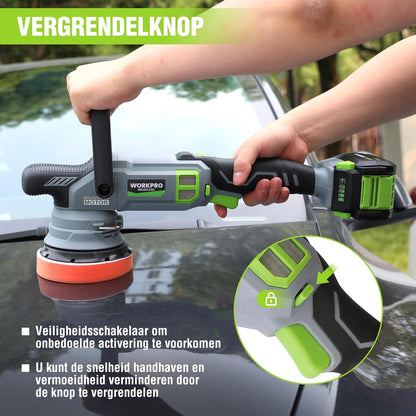 WORKPRO 20V accu polijstmachine, auto polijstmachine snoerloos met 7 snelheden (2000-5000 RPM), 1 x 4.0Ah accu, dubbele actie, met opbergtas, voor auto, vloeren, tegels